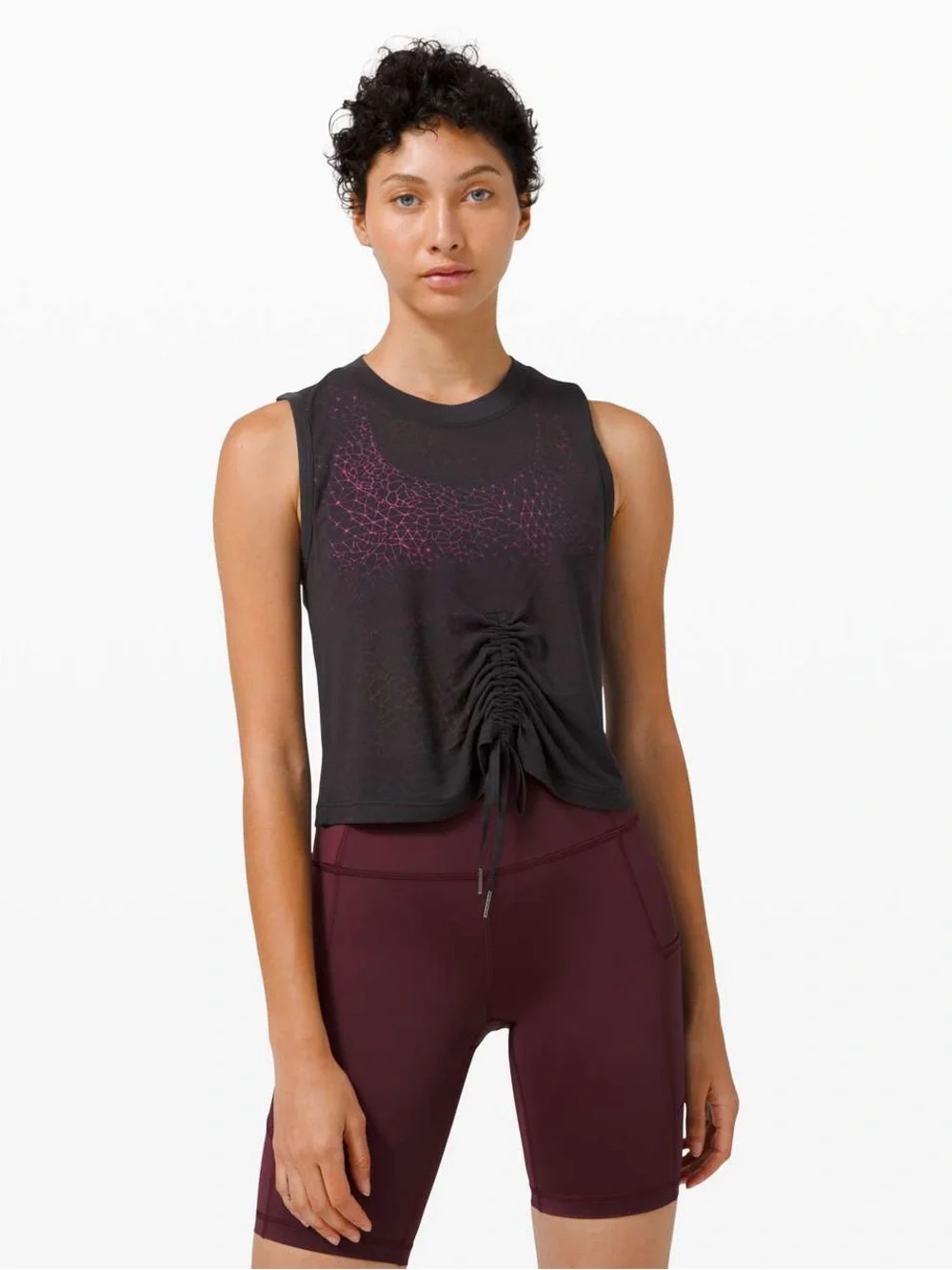 Lululemon Cinch Me Up Front Tank *Veil Black Semi Sheer Geometric crew top sz 6